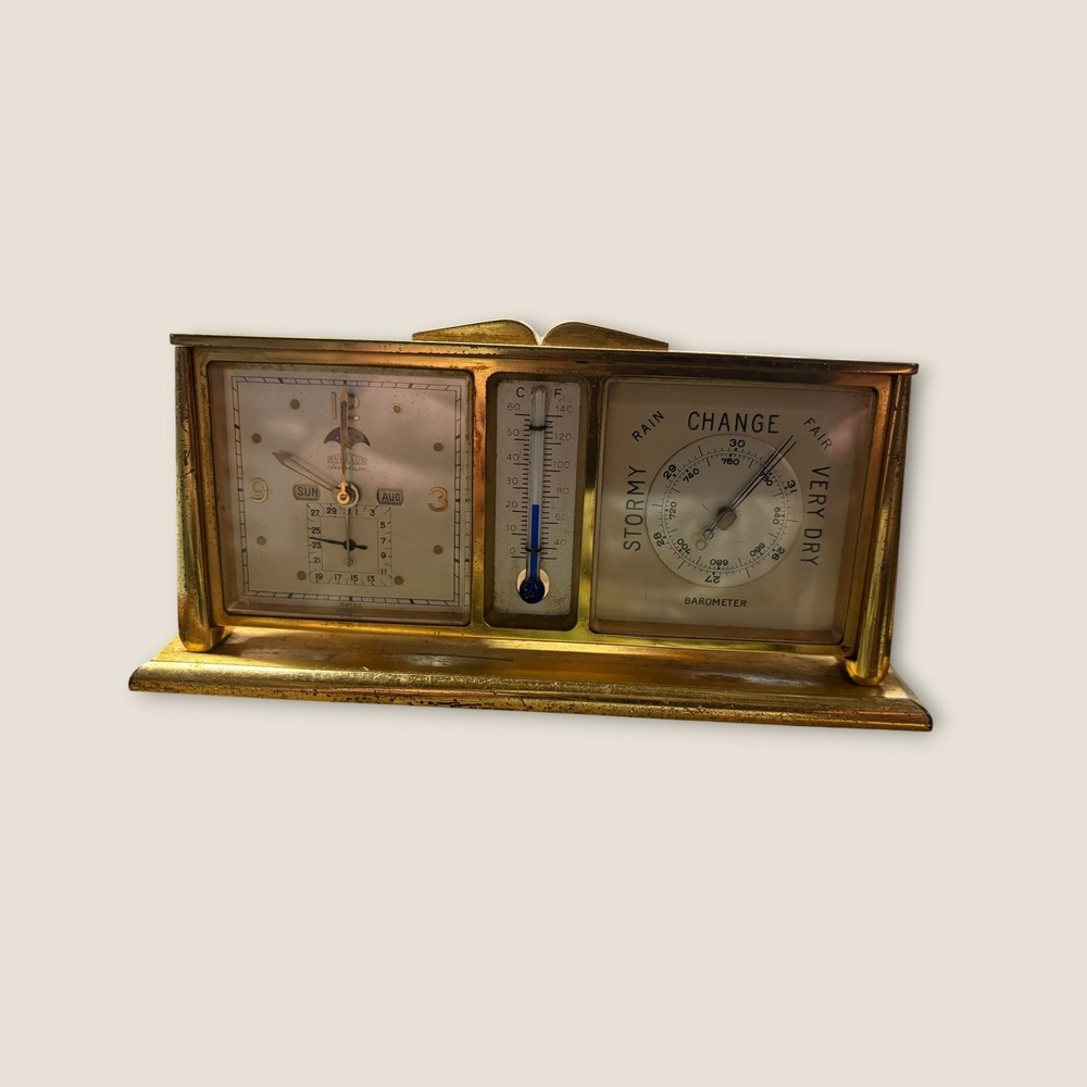 VTG Angelus Swiss Weather Station Moon Phase Clock Barometer Thermometer Brass